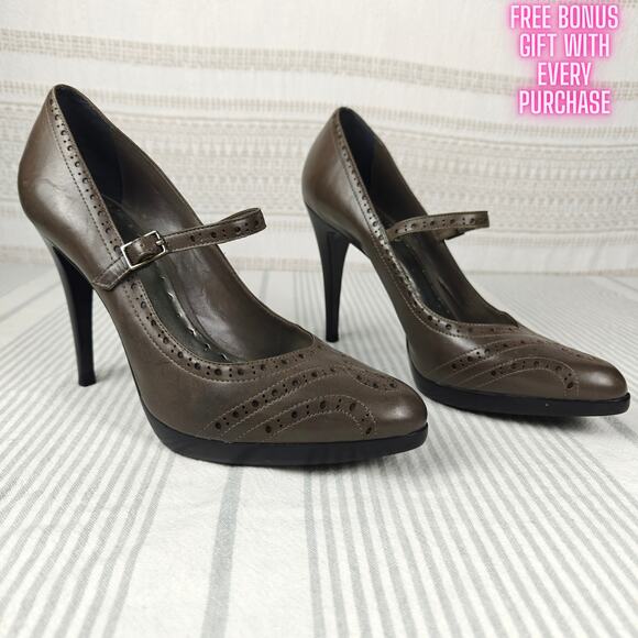 BCBGirls Brown Gray Leather Mary Jane Heels Platform Pumps Size 9.5B/39.5 - Picture 1 of 10